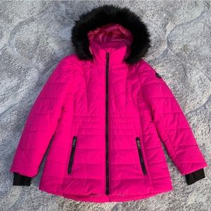 Michael Kors Hot Pink Fuchsia Faux Fur Trim Coat MK Designer Jacket